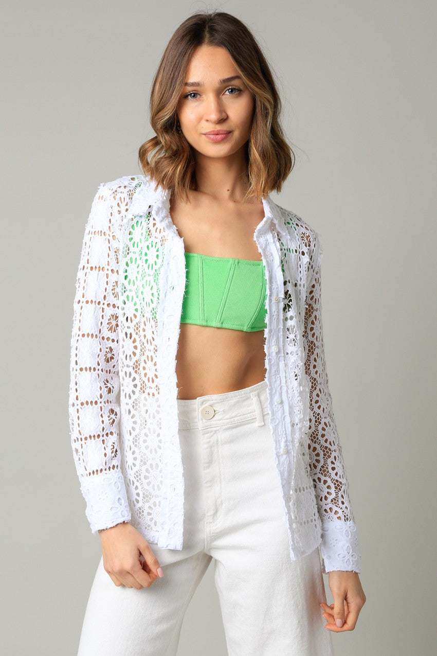 Jessie's Girl Contrasting Lace Button Down Top